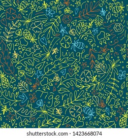 Hand drawn doodle seamless background in forest theme.  Wallpaper for your design