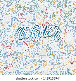Hand drawn doodle seamless background in winter time theme.  Wallpaper for your design. Hand drawn doodle seamless background in winter time theme