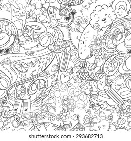 hand drawn doodle seamless background with summer time activities and elements