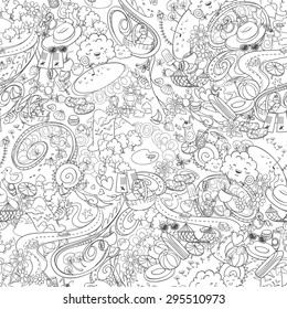 hand drawn doodle seamless background with summer time activities and elements