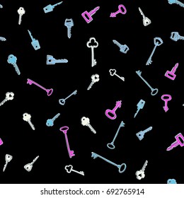 Hand drawn doodle seamless background with hand drawn keys. Pattern for wrapping, wallpaper and textile design. Vector illustration.