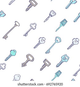 Hand drawn doodle seamless background with hand drawn keys. Pattern for wrapping, wallpaper and textile design. Vector illustration.