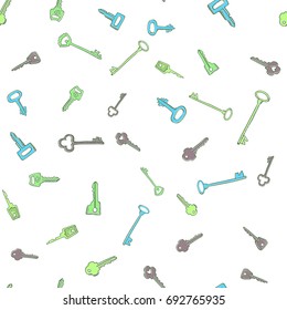 Hand drawn doodle seamless background with hand drawn keys. Pattern for wrapping, wallpaper and textile design. Vector illustration.