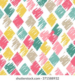 Hand drawn doodle seamless geometric pattern with pencil drawing. Funny hipster vector background with rhombus in trendy pastel colors
