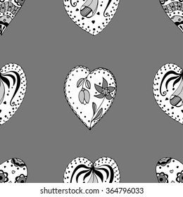 Hand drawn doodle Seamless grayscale Sketchy Doodle Heart Swirls Vector Illustration background. 