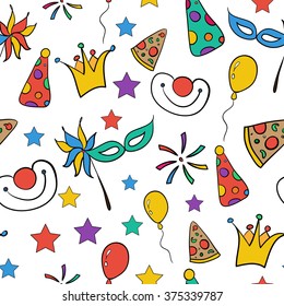 Hand drawn doodle seamless Happy Birthday pattern. Carnival balloons, stars, pizza slice, hat isolated on white. Vector illustration good gor textile, sites, banners, brochures, greetings, cards etc