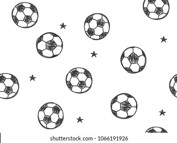 Hand drawn doodle seamless pattern with soccer balls on white background