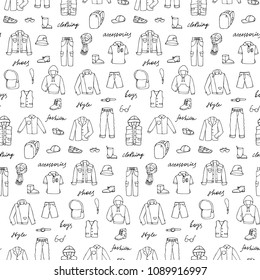 Hand drawn doodle seamless pattern with childish boy clothes, shoes and lettering. Outline vector repeat wallpaper for backgrounds, textile prints, web and graphic design, coloring page.