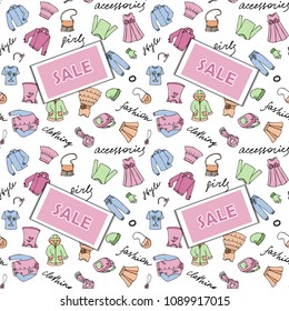 Hand drawn doodle seamless pattern with girl clothes and lettering on white background. Outline vector Sale repeat wallpaper for templates, banners, posters, web and graphic design with text place.