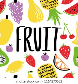 Hand drawn doodle seamless pattern with hand drawn doodle fruit elements.