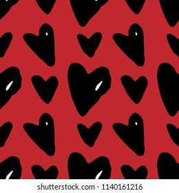 Hand drawn doodle seamless pattern with black hearts on red background. Heart pattern. Ink illustration. Red and black. 