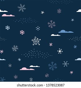 Hand drawn doodle seamless pattern with snowflakes on a dark background. Snowy sky backdrop. Perfect for fabric, textile, wrapping paper, card, invitation, wallpaper.