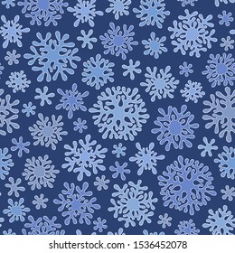 Hand drawn doodle seamless pattern. Violet snowflakes on a dark background. For fabric, textile, wrapping paper, card, invitation, wallpaper, web design. 