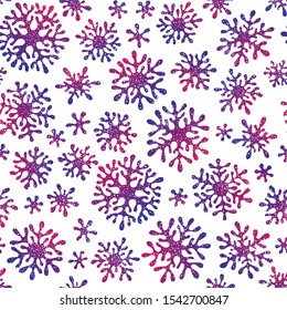 Hand drawn doodle seamless pattern. Violet gradient snowflakes. For fabric, textile, wrapping paper, card, invitation, wallpaper, web design. 