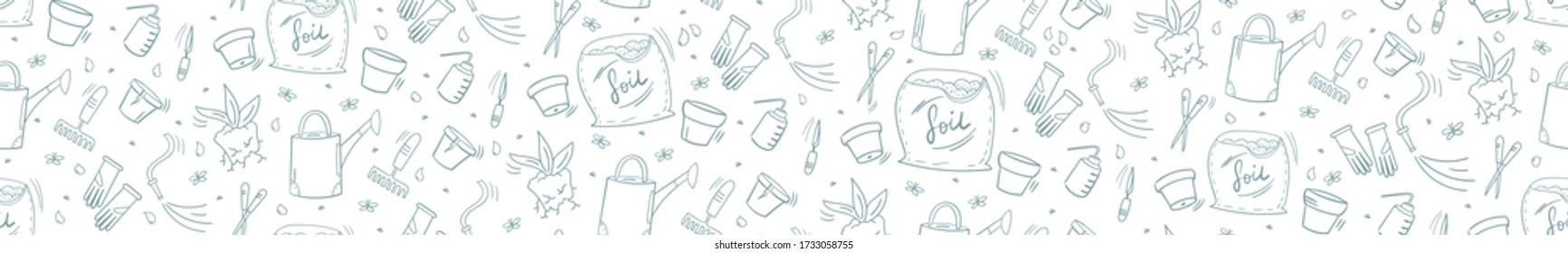 hand drawn doodle seamless pattern with gardening tools, isolated on white