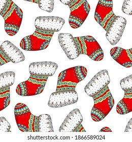 Doodle dibujado a mano patrón sin fisuras de calcetines de Navidad. Feliz Año Nuevo y Navidad botas decorativas de Santa Claus, ilustración vectorial plana para tarjeta de saludo, invitación, papel tapiz, papel envolvente