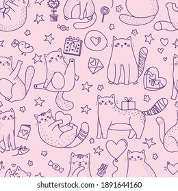 Hand drawn doodle seamless pattern with funny cats, balloons, sweets and presents. Saint Valentine's day theme.