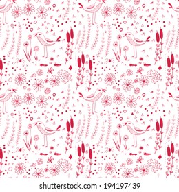 Hand - drawn doodle seamless pattern. Hand- drawn  pattern with flowers, leaves, birds and drops.