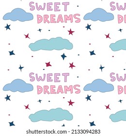 Doodle dibujado a mano patrón sin fisuras con texto dulces sueños, estrellas y nubes en el fondo blanco