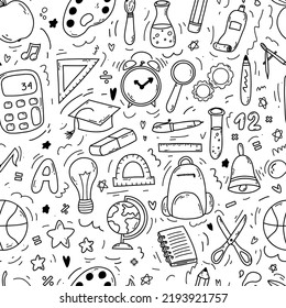 Hand drawn doodle seamless pattern with school icons on white background. Vector illustration of supplies, back to school concept for print, web and textile design, stationery.