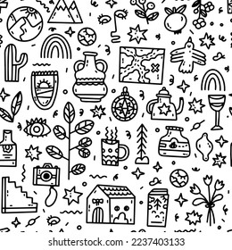 Hand drawn doodle seamless pattern, marker outlines. Black and white vector. Different elements: food, bird, mountains, map, plants, dishes, abstract element