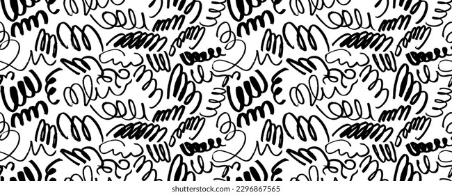 Hand drawn doodle seamless pattern. Curved lines and swirles. Hand drawn swashes, swooshes and curls. Decorative whimsical lines in childish style. Modern abstract background. Abstract squiggles.