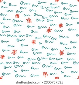 Hand drawn doodle seamless pattern with squiggle lines and flowers. Perfect print for tee, textile, paper and fabric. Childish vector illustration for decor and design.
