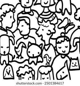 Hand drawn doodle seamless pattern with cartoon characters. Vector illustration.
