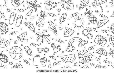 Hand drawn doodle seamless pattern with a summer line icon collection design on white background
