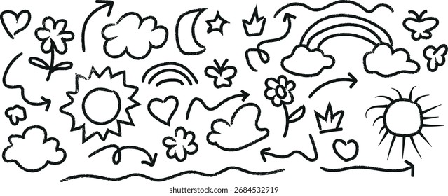 Hand Drawn Doodle Seamless Pattern with Flowers Clouds Hearts and Sun