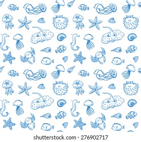 Hand drawn doodle seamless pattern of sea life elements.