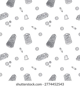 Hand drawn doodle seamless pattern of sewing and dressmaking tools. Black and white vector line art illustration with spools of thread, bobbins, buttons, a thimble, and safety pins on a white background
