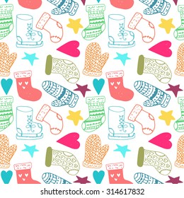 Hand drawn doodle seamless pattern. Unique vector new year pattern for your scrapbooking projects.  Pattern for fabric, wallpaper, gift wrapping. Christmas text seamless pattern.