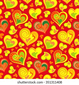 Hand drawn doodle seamless pattern of hearts. Colorful hearts on colored background. Vector illustration. Yellow hearts on red backdrop.