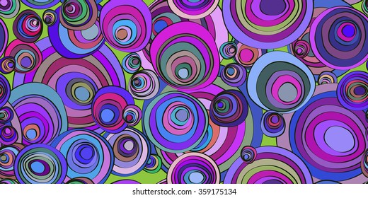 Hand drawn doodle seamless pattern with circles ornament.  One circle inside in other circle. One in one cirle. Violet and green palette. Psychedelic circles. Concentric circles,