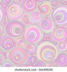Hand drawn doodle seamless pattern with circles ornament. Romantic light pastel palette. 
