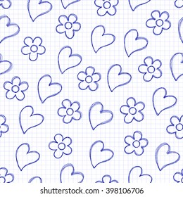 Hand drawn doodle seamless pattern with hearts and flowers. Vector illustration.