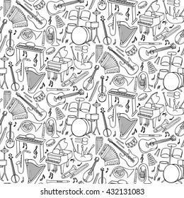 Hand drawn doodle seamless pattern with music instruments and objects