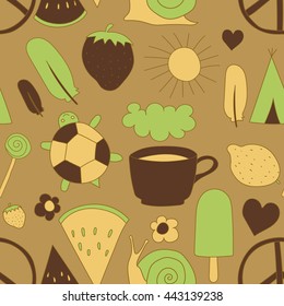 hand drawn doodle seamless pattern vector illustration coffee cup, sun, ice cream, heart, cloud, rainbow, turtle, feather, pacific, snail, wigwam, watermelon, strawberry isolated on background.