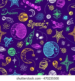 Hand drawn doodle seamless pattern with space elements: stars, planets, night, moon, rocket, ufo, satellite, spaceship, space station. 