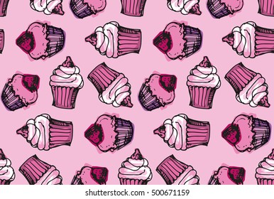 Hand drawn doodle Seamless pattern with  cupcakes. Vector illustration.