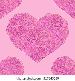 Hand drawn doodle seamless pattern, hearts made of roses on pink background