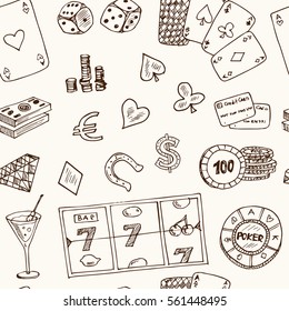 Hand drawn doodle seamless pattern Casino icons. Vector illustration set. Cartoon Gambling symbols. Sketchy game elements collection: bet jackpot cards chips coins darts roulette poke, money.