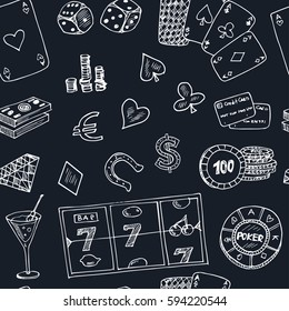 Hand drawn doodle seamless pattern Casino icons. Vector illustration set. Cartoon Gambling symbols. Sketchy game elements collection: bet jackpot cards chips coins roulette poke, money.