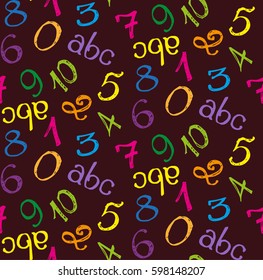 Hand drawn doodle seamless pattern with letters and numbers. Vector background