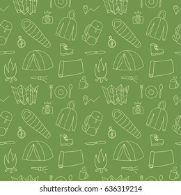 Hand drawn doodle seamless pattern of hiking and camping stuff. Traveling objects background.