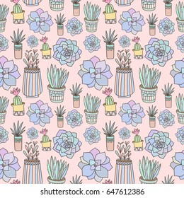 Hand drawn doodle seamless pattern with succulents. Repeatable background for textile and wallpaper.