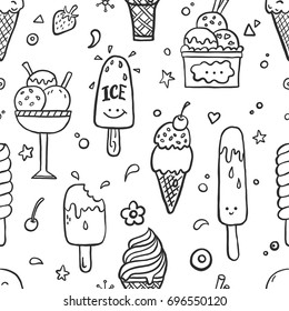 Hand drawn doodle seamless pattern with different ice cream types: ice cream cone and cup ice cream. Funny cartoon style vector illustration for background design. 