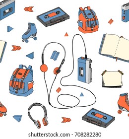 Hand drawn doodle seamless pattern with teen elements . Retro audio player, cassette, headphones, roller skates, backpack in cartoon style. Design for print. Vector illustration.