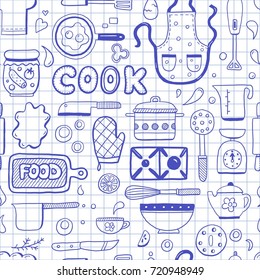 Hand drawn doodle seamless pattern with cooking ingredient, food, bakery and kitchen utensils elements. Vector illustration for restaurant menu, recipe wallpaper and background. Cartoon sketch style.